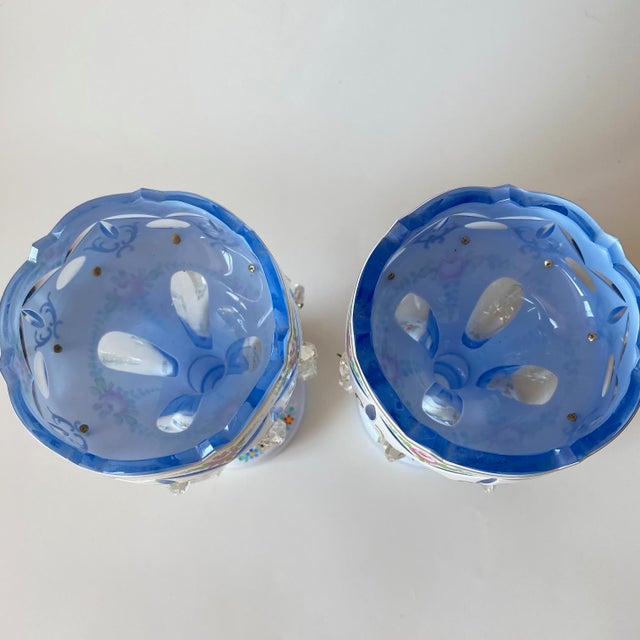 Victorian Antique Moser Glass Lusters: Bohemian Glass, White Cut-to-Blue, Hand-Painted For Sale - Image 3 of 13