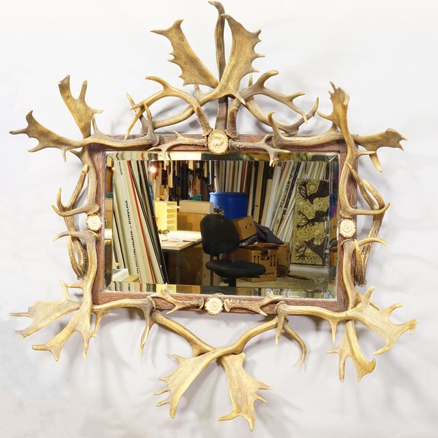Victorian Antique Black Forest Mirror With Antler Arrangement Ca. 1920s For Sale - Image 3 of 8