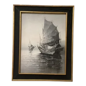 Early 20th Century Original Painting on Canvas Realistic Junk Boat Artist Signed, Framed