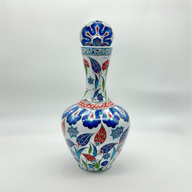 Ceramic Handmade Ceramic Iznik Bottle Vase with Lid Red Tulip and Geometric Pattern For Sale - Image 7 of 9