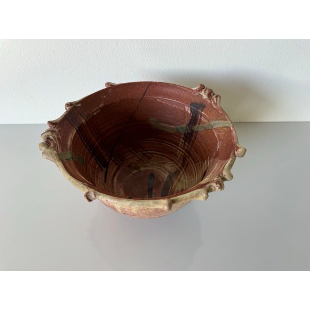 80's Vintage M. Polenberg Art Pottery Bowl With Sculpted Rim and Abstract Design Interior For Sale - Image 12 of 12