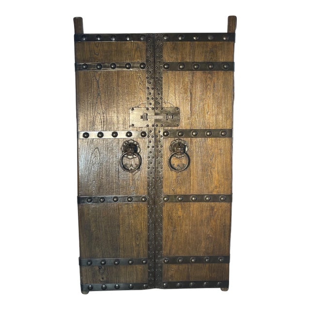 Reproduction Chinese Wood with Iron Doors with Food Dog Knockers - a Pair For Sale