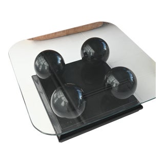 1980s Iconic Postmodern Coffee Table – Lacquered Glossy Black Spheres & Glass Slab For Sale