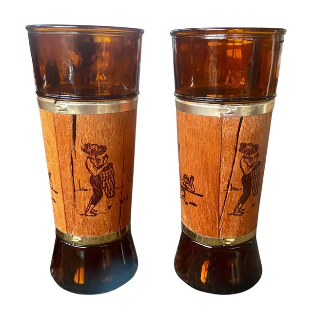 Amber Vintage Jamaica Amber Glass Tumblers, Mahogany Sleeves – Mid-Century Tiki Barware, Set of 4 For Sale - Image 8 of 8