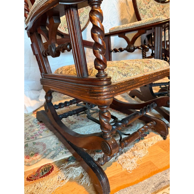 Pair of Antique Victorian Barley Twist Upholstered Franklin Rocking Chairs, Circa Late 19th Century For Sale - Image 6 of 8