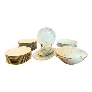 Circa 1956 French Limoges Porcelain Dinner Set With Gilt Edges for 12- 31 Pieces