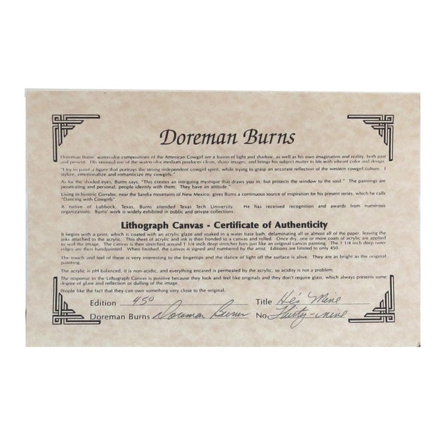 Late 20th Century Doreman Burns Western Lithograph Canvas of Cowgirls Titled "He's Mine" For Sale In Madison - Image 6 of 9