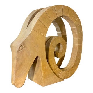 Vintage Mid-Century Modern Handmade Wood Ram’s Head Sculpture For Sale