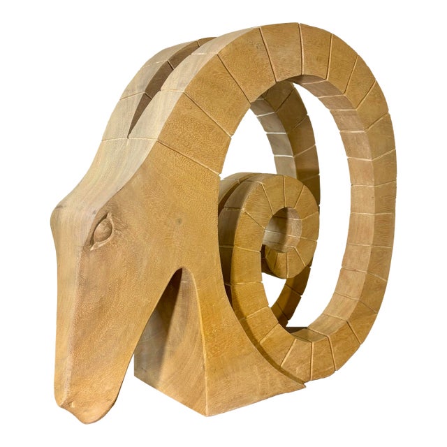 Vintage Mid-Century Modern Handmade Wood Ram’s Head Sculpture For Sale