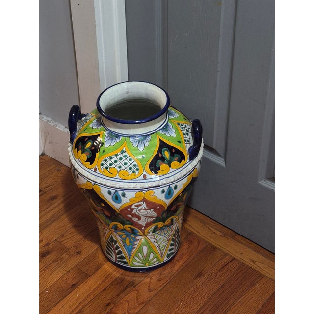 Tall Colorful Hand Painted Mexican Pottery Talavera Floor Vase Jug 19'' High For Sale - Image 9 of 10