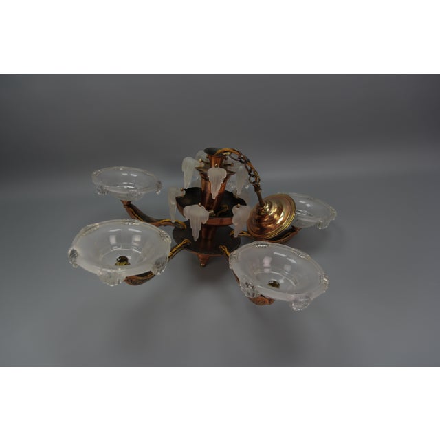 Art Deco French Frosted Glass, Brass, and Copper Chandelier, 1930s For Sale - Image 16 of 18