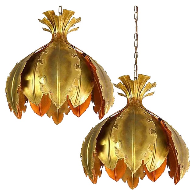 Brutalist Acid Treated Brass Pendant Lamps by Svend Aage for Holm Sorensen, Set of 2 For Sale