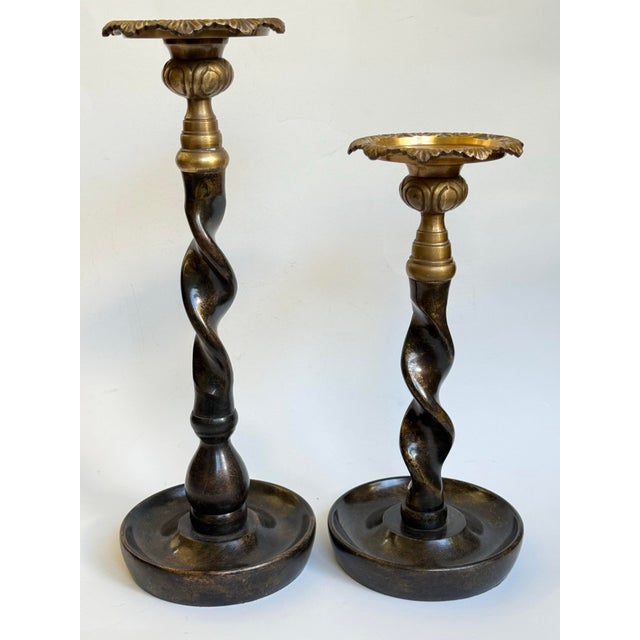 Maitland - Smith Pair of Late 20th C. Brass & Bronze Barley Twist Candle Holders Attributed to Maitland-Smith For Sale - Image 4 of 6