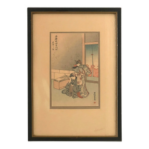 The Origami Makers, Japanese Ukiyo-E Woodblock of Two Young Ladies by Hokusai
