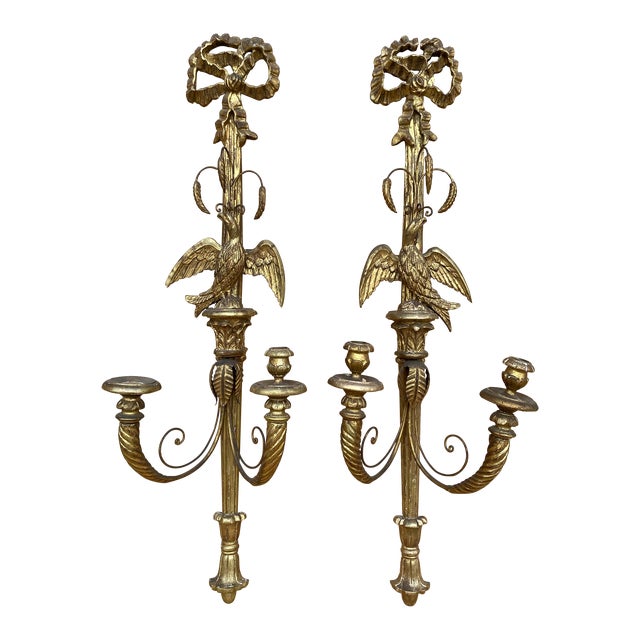 Antique Italian Federal Style Figural Carved Gold Gilded Candle Wall Sconce - Pair For Sale