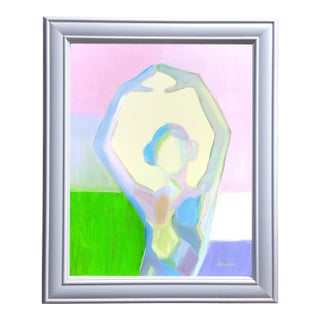 Vintage Swedish Inspired Mid Century Modern Pink, Green Abstract Angel Oil Painting For Sale