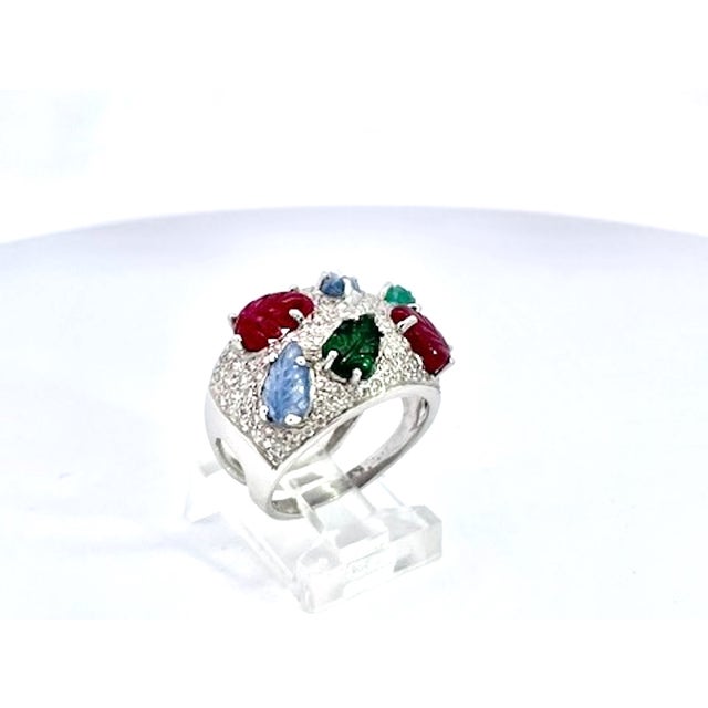 Silver Vintage Multi-Gemstone Cocktail Ring in 18k White Gold, Size 6.25 For Sale - Image 8 of 9