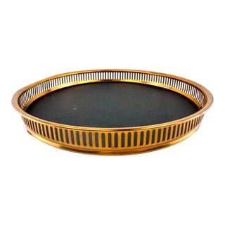Mid 20th Century Black Faux Leather and Brass Gallery Serving Tray For Sale