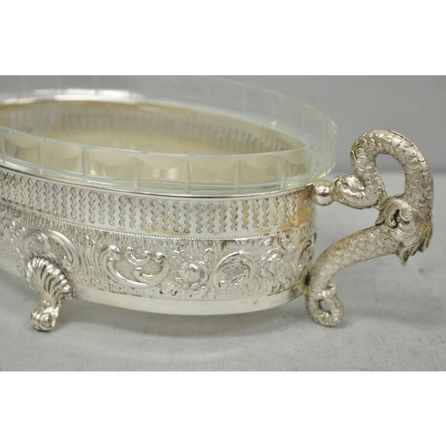 Vintage Italian Regency Silver Plated Dolphin Handle Glass Candy Dish Jardiniere For Sale - Image 11 of 16