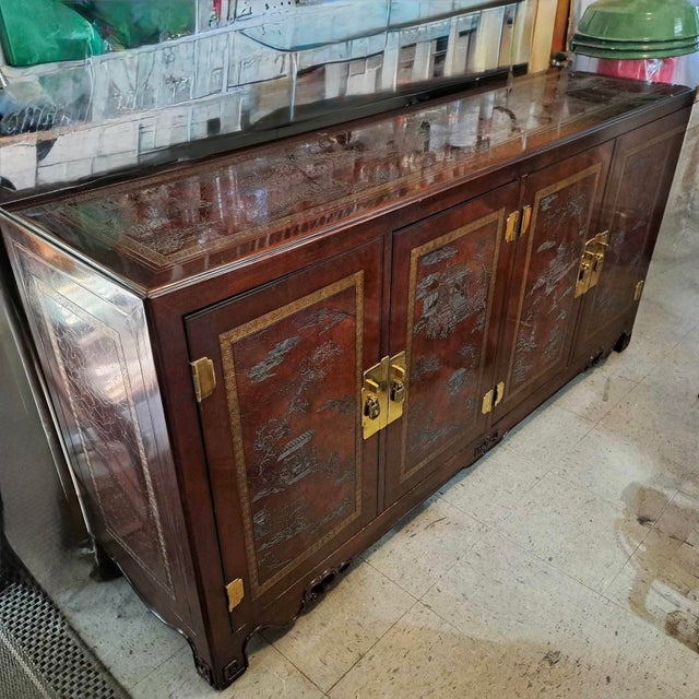 Wood 1970s Drexel Heritage Et Cetera Chinoiserie Etched Walnut Burl Sideboard For Sale - Image 7 of 15
