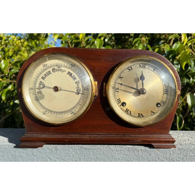 1910s Antique Edwardian English Mantel Clock Barometer Duo For Sale - Image 5 of 13
