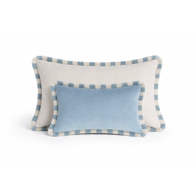Couple Bicolor Happy Cushions White and Light Blue Velvet from Lo Decor, Set of 2 For Sale - Image 6 of 6