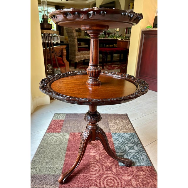 Victorian Carved, Mahogany, Two-Tiered, Parlor/Tea Table With Ornate, Carved Legs, and Detailed Piecrust Edges, Rococo / Victorian Style, C1940 For Sale - Image 3 of 10