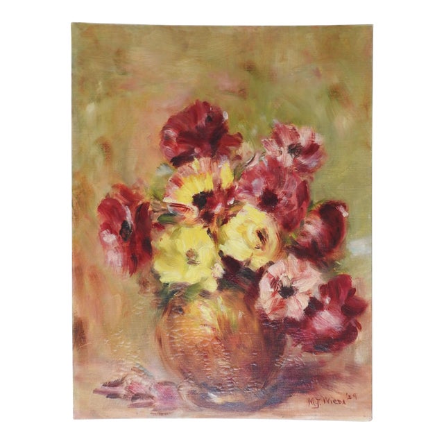Mid 20th Century Burgundy Yellow Floral Still Life Painting For Sale