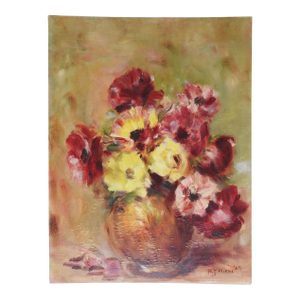 Mid 20th Century Burgundy Yellow Floral Still Life Painting