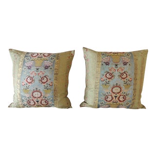 Antique Green and Gold Silk Square Decorative Pillows - A Pair For Sale