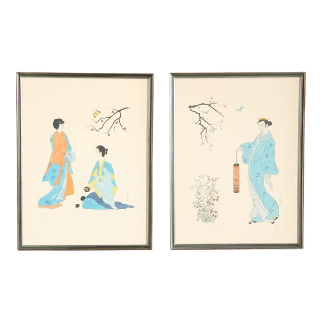 Japanese Traditional Pair of Framed Prints, Signed For Sale