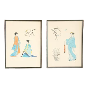 Japanese Traditional Pair of Framed Prints, Signed