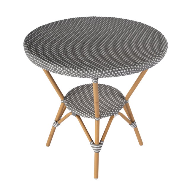 Tobias 30 in. W Outdoor Round Rattan and Metal Bistro Table, Gray/White Dot / Natural Rattan Frame For Sale In Chicago - Image 6 of 9