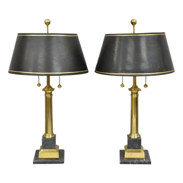 Vintage French Empire Brass & Italian Black Marble Column Table Lamps (B), Pair For Sale