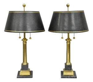 Vintage French Empire Brass & Italian Black Marble Column Table Lamps (B), Pair