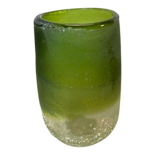 Handblown Green Ombre Frosted & Crackle Glass Vase For Sale