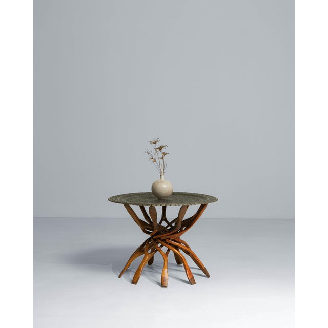 African 1960s African Hand-Carved Interlocking Wooden Table With Brass Top For Sale - Image 3 of 18