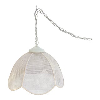 1970s Rattan Tulip Shape Plug in Lamp on White Metal Swag Chain For Sale