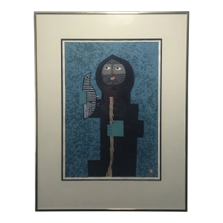 1958 "Rescued Bird" Abstract Figurative Woodblock Print by Umetaro Azechi, Framed For Sale