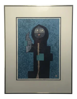 1958 "Rescued Bird" Abstract Figurative Woodblock Print by Umetaro Azechi, Framed