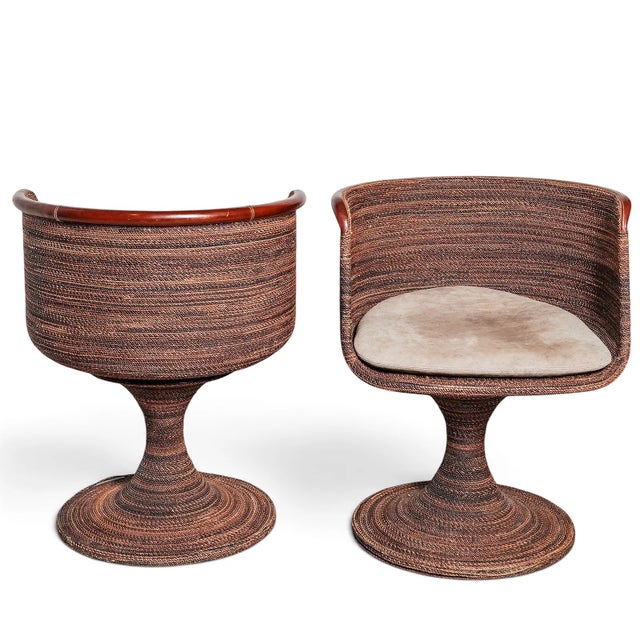 Rare Pair of 1960s Rattan Swivel Armchairs, Wood Top For Sale - Image 4 of 6
