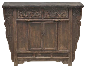 Antique Chinese Side Cabinet with Carved Drawers
