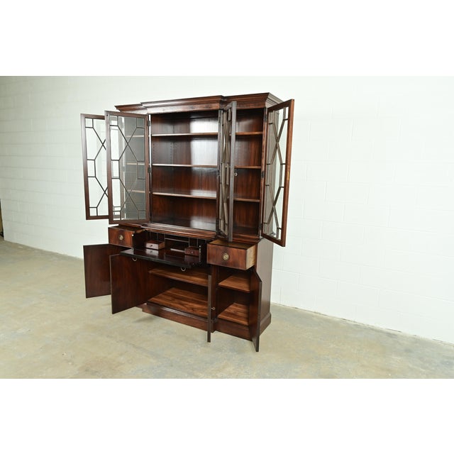 Baker Furniture Style Georgian Flame Mahogany Breakfront Bookcase Cabinet With Drop Front Secretary Desk For Sale In South Bend - Image 6 of 16