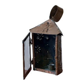 Antique Handcrafted Punched Tin & Copper Lantern | Folk Art Candle Lantern With Original Glass Door For Sale