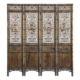 Vintage Finish Openwork Floral 4 Panels Wood Floor Screen Room Divider For Sale