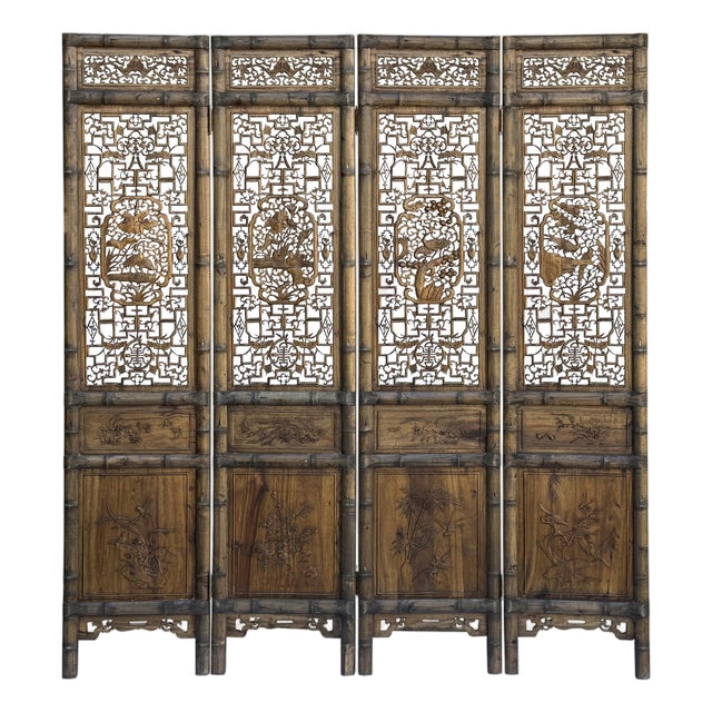 Vintage Finish Openwork Floral 4 Panels Wood Floor Screen Room Divider For Sale
