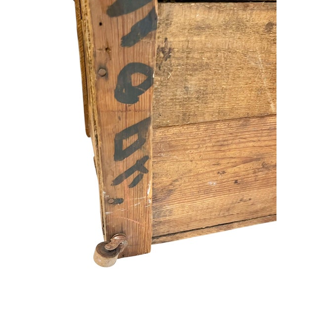 Antique Handmade Folk Art Wood Box Crate Table With Wheels For Sale - Image 16 of 17
