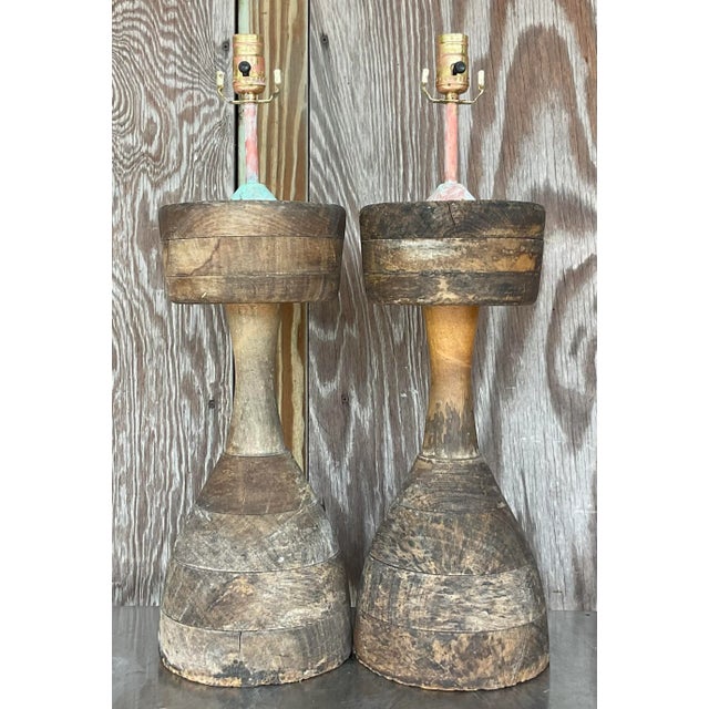Boho Chic Vintage Rustic Sculptural Turned Wood Table Lamps, Pair For Sale - Image 3 of 14