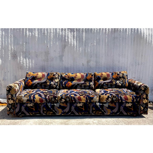 Vintage Boho Jack Lenor Larsen Mod Print Velvet Sofa | Chairish