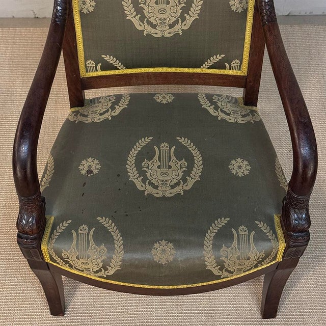 Oxblood Red Pair 19th Century French Empire Period Mahogany Armchairs ~ Fauteuils For Sale - Image 8 of 17